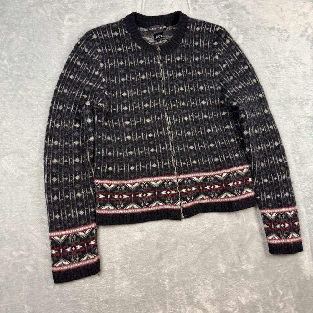 Jamie Scott Wool Blend Nordic Full Zip Cardigan Sweater Gray Fair Isle Women’s L